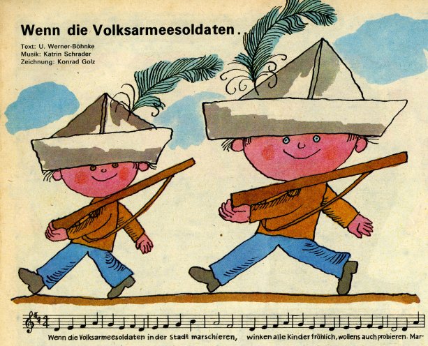 Fröhliches Marschlied: „Wenn die Volksarmeesoldaten ...“. Schon im Vorschulalter beginnt die vormilitärische Erziehung. Quelle: Bummi Nr. 4, 1981, S. 13, Verlag Junge Welt Berlin/DDR