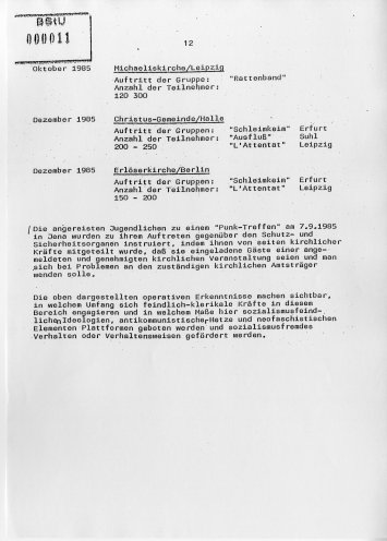 Organisierte Verfolgung: eine Information der MfS Kreis-Dienststelle Finsterwalde über Punktreffen und Punkkonzerte (1985). Quelle: Bundesarchiv / Stasi-Unterlagen-Archiv, Seite 3 von 3