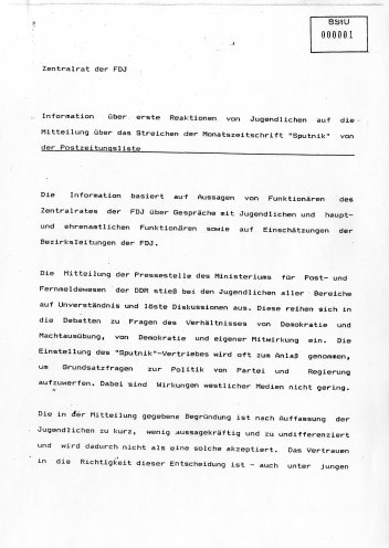 Jede Menge Arbeit nach dem Sputnik-Verbot: Die Stasi sammelt alle Informationen über Proteste von Jugendlichen gegen das Verbot der sowjetischen Zeitschrift. Quelle: Bundesarchiv / Stasi-Unterlagen-Archiv, Seite 1 von 6