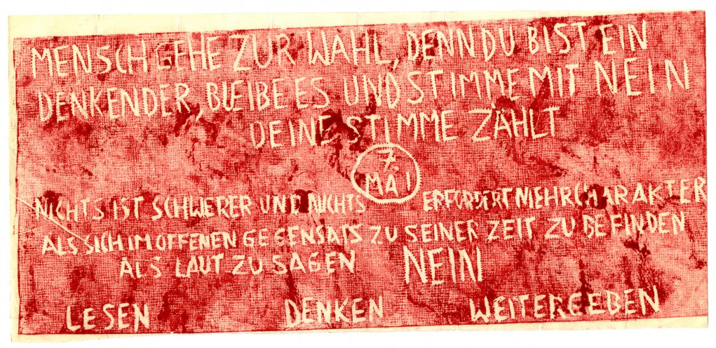 Ein Flugblatt, das dazu aufruft, bei der Kommunalwahl am 7. Mai 1989 gegen die Kandidaten der Nationalen Front zu stimmen. Quelle: Robert-Havemann-Gesellschaft