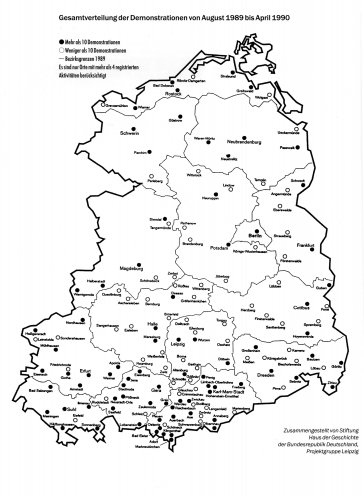 Gesamtverteilung der Demonstrationen von August 1989 bis April 1990. Quelle: Stiftung Haus der Geschichte der Bundesrepublik Deutschland, Projektgruppe Leipzig