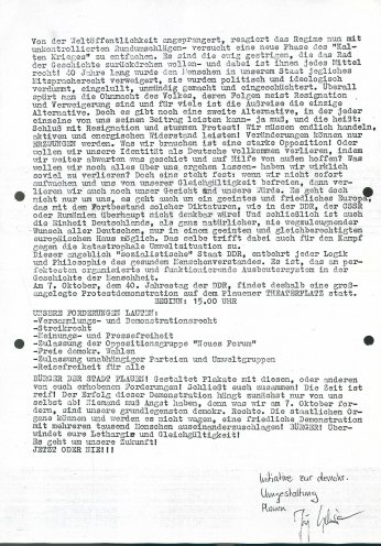 Die kurz zuvor gegründete Initiative zur demokratischen Erneuerung der Gesellschaft ruft die Plauener Bürger zur Teilnahme an der Demonstration am 7. Oktober 1989 auf. Quelle: Bundesarchiv / Stasi-Unterlagen-Archiv, Seite 2 von 2