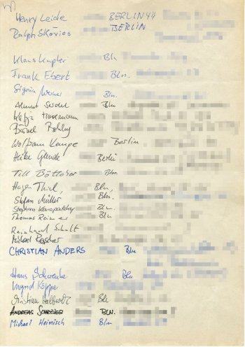 Unterschriftenliste der Besetzerinnen und Besetzer der ehemaligen Stasi-Zentrale vom 5. September 1990. Quelle: Robert-Havemann-Gesellschaft