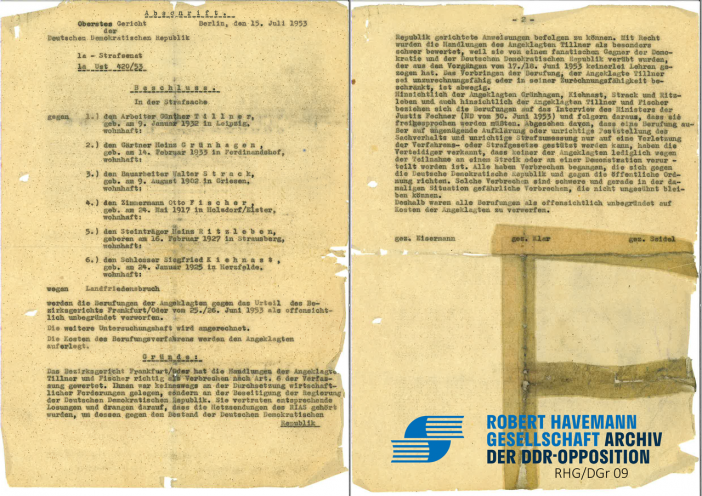Ablehnung der Berufung gegen Heinz Grünhagens Haftstrafe. Quelle: Robert-Havemann-Gesellschaft/DGr 09